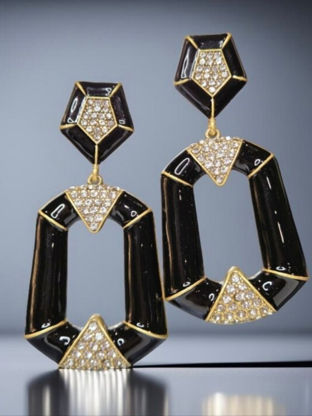 Antique Gold Plated Luxury Designer Onyx Enamel Pave Crystal Oversized Earrings